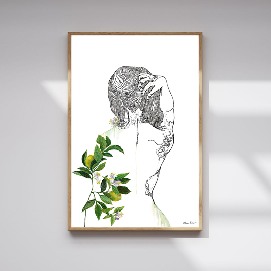 CITRUS x LIMON – Large Original Lemon Botanical Nude Painting – Mixed Media Linocut & Acrylic Art