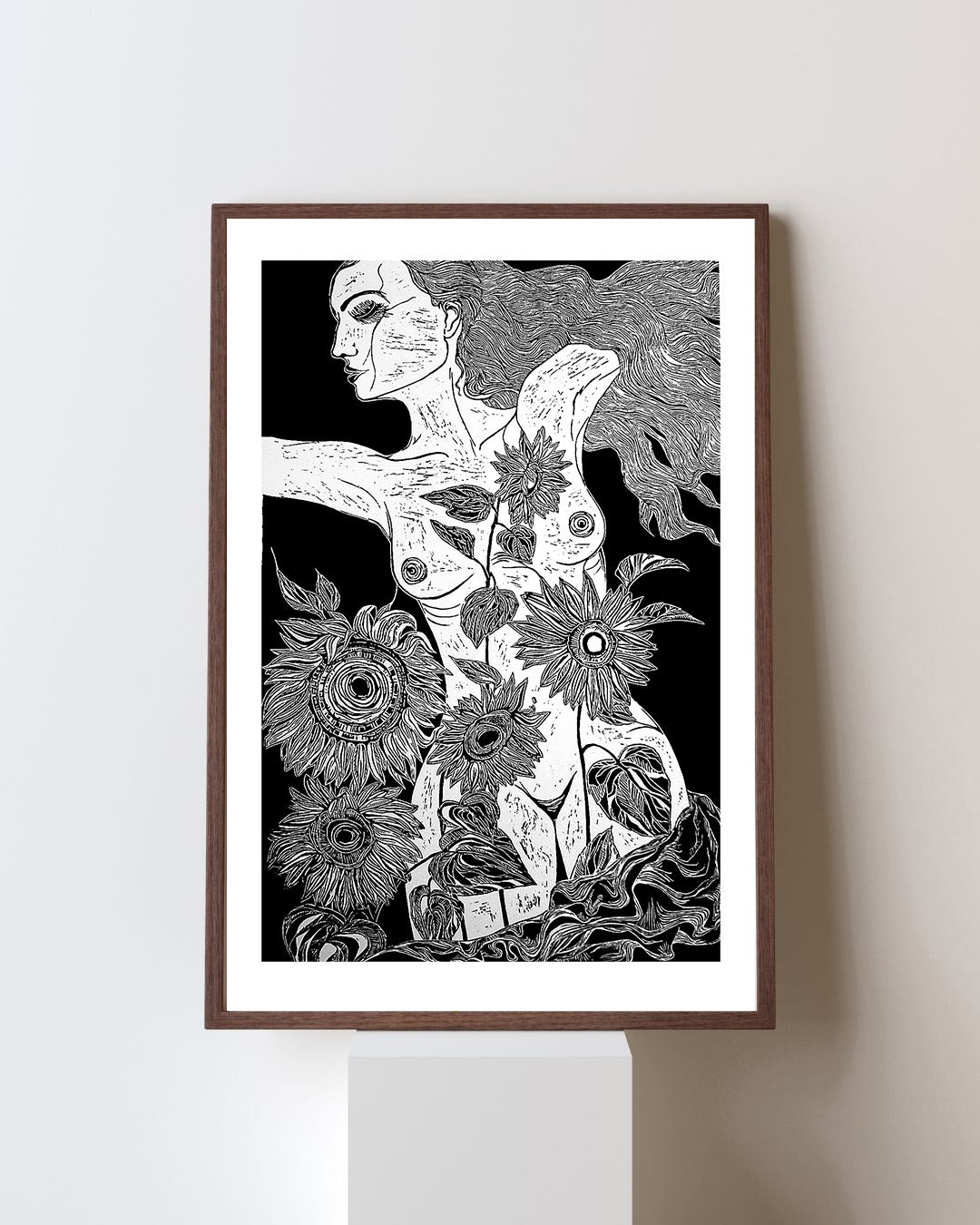 Sunflowers | Original Linocut Print | Botanical Artwork Black & White Etching Hand-pulled Wall Art Decor Linoprint