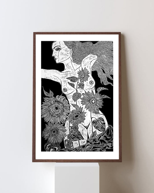 Sunflowers | Original Linocut Print | Botanical Artwork Black & White Etching Hand-pulled Wall Art Decor Linoprint